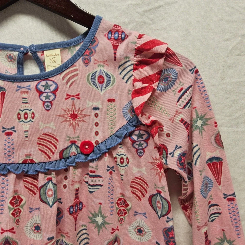 Matilda‎ Jane Pajama Top Kids Size 16 Pink Christmas Ornament Ruffle Trim